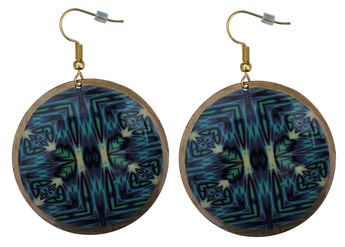 2.5” Round Brass Hook Earrings with Blue Black Abstract Pattern - Drop Earrings / Accessories for Her - Buy in Bulk Wholesale